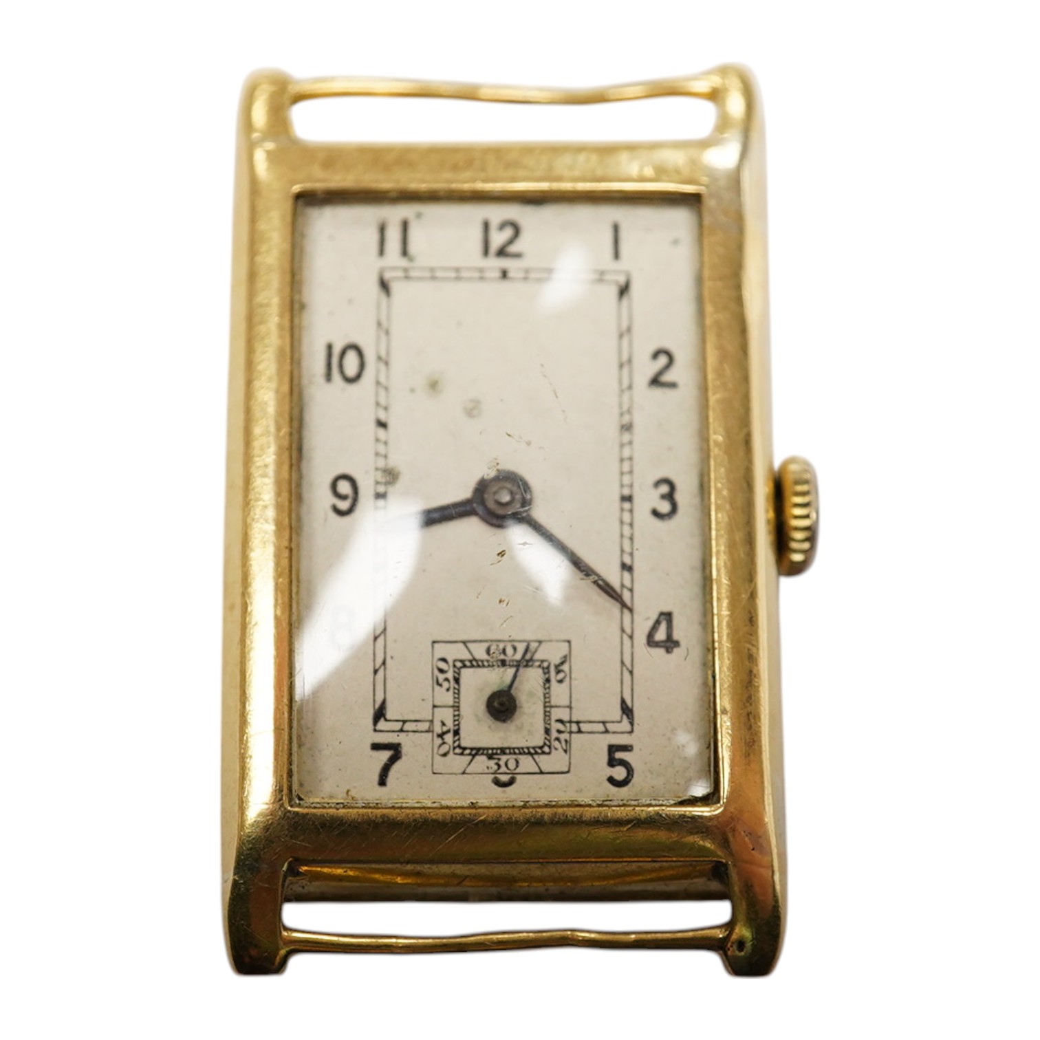 A gentleman's 1930's/1940's 9ct gold manual wind wrist watch, with rectangular Arabic dial and subsidiary seconds, case diameter 22mm. Condition - poor to fair